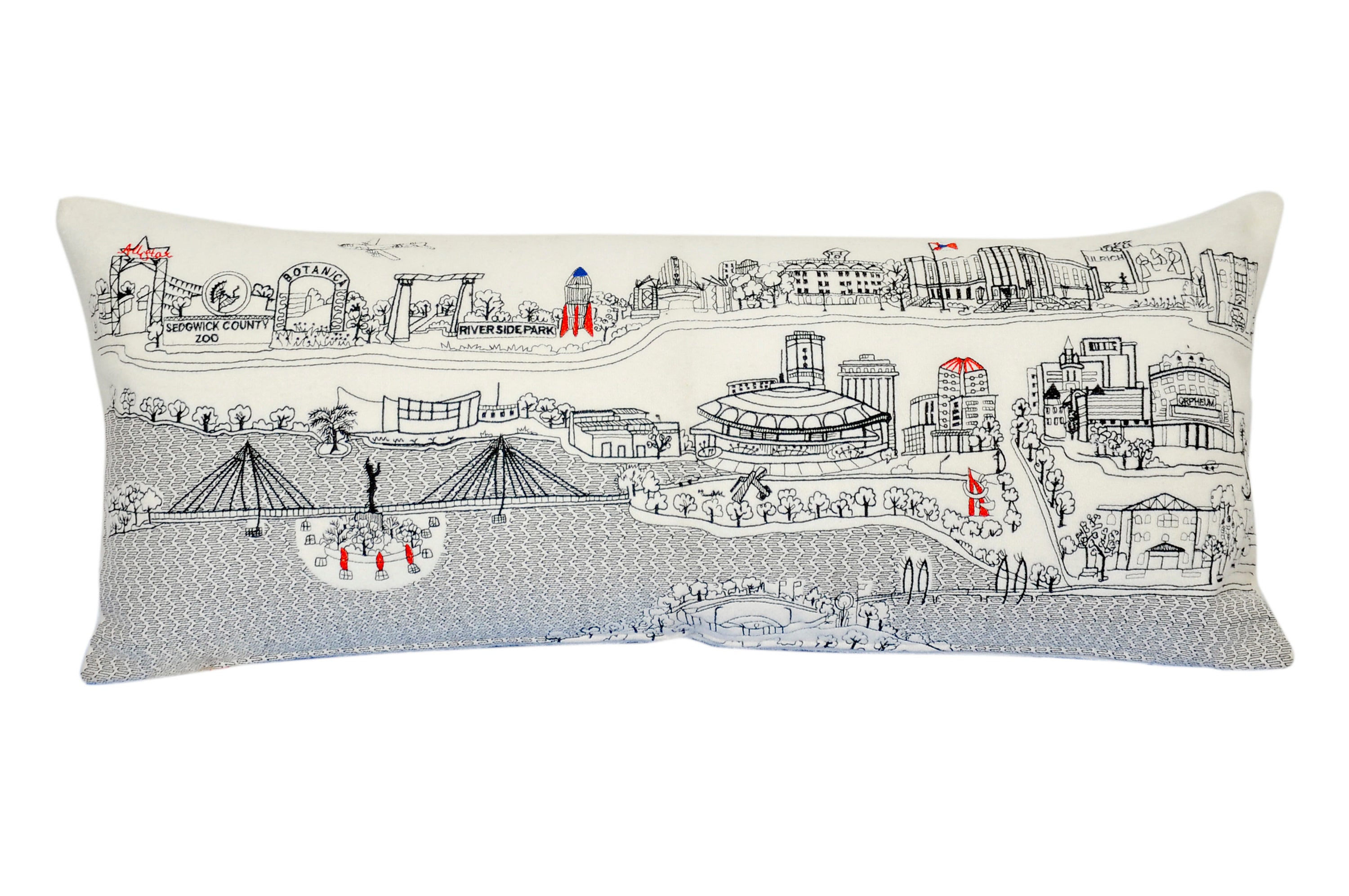 Wichita Pillow featuring a colorful cityscape design with landmarks like Keeper of the Plains and Sedgwick County Zoo.